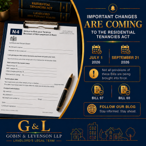 Professional legal-themed promotional graphic in deep royal blue, gold, and white for Gobin & Leyenson LLP. The image features an Ontario Landlord and Tenant Board N4 eviction notice on a clipboard with the heading “Notice to End your Tenancy Because of Non-payment of Rent.” Beside the form are gold-accented legal books labeled “Residential Tenancies Act” and “Landlord and Tenant Board,” along with a black and gold pen. The right side highlights upcoming Residential Tenancies Act changes effective July 1, 2026 and September 21, 2026, references Bill 97 and Bill 60, and encourages viewers to follow the firm’s blog. The bottom displays the G&L logo with the wording “Gobin & Leyenson LLP – Landlord’s Legal Team” and gold outline illustrations of residential buildings and homes.
