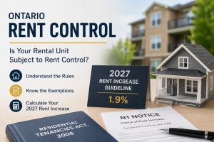 Ontario Rent Control infographic showing the 2027 rent increase guideline of 1.9%, an N1 Notice of Rent Increase, the Residential Tenancies Act, and a residential rental property.