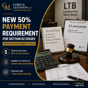 50% Payment Before Section 82 Issues in Ontario showing the new rent arrears payment requirement for Landlord and Tenant Board proceedings effective September 21, 2026.