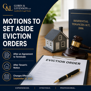 Motion to Set Aside an Eviction Order infographic illustrating Ontario's new rules for eviction orders after an agreement to terminate or a tenant's notice under the Residential Tenancies Act, 2006.