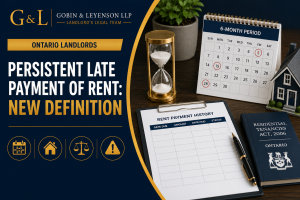 Definition of Persistent Late Payment of Rent in Ontario infographic featuring a rent payment ledger, calendar, hourglass, and Residential Tenancies Act, 2006, highlighting the new definition of persistent late payment for Ontario residential landlords.
